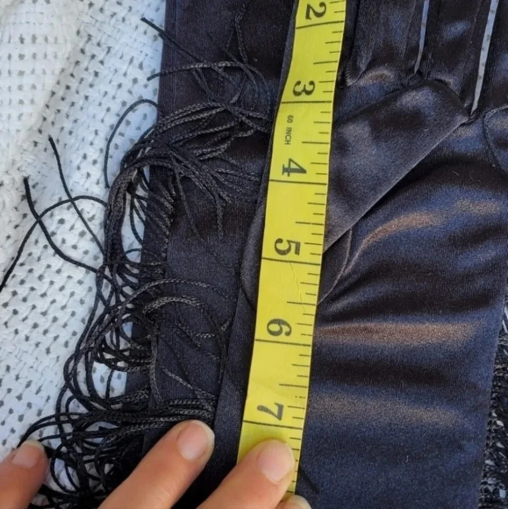 Black Satin Long Fringe‎ Gloves  NWT